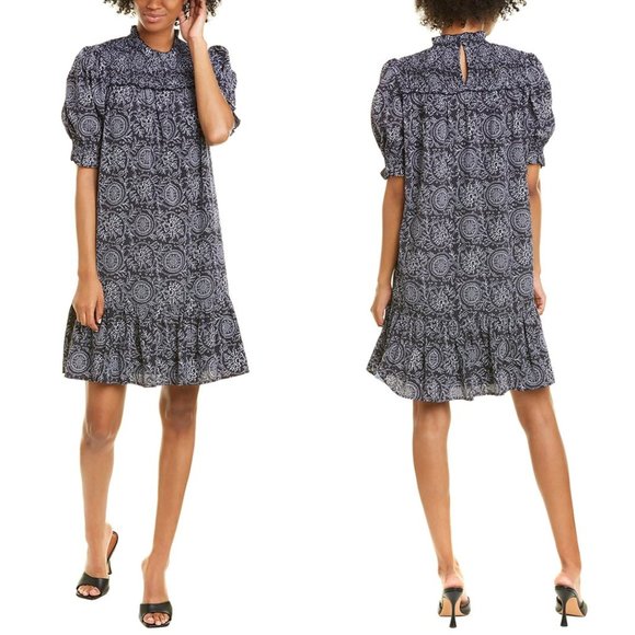 CELINA MOON Mock Neck Bell Sleeve Denim Floral Maxi Dress